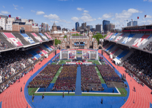 An aerial view of a stadium full of people.